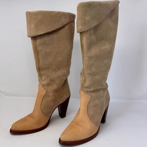 Vintage 70s Zodiac Size 5 Women's Suede Western Boots 3" Heel Tan Cream Leather